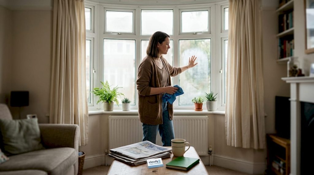 Homeowner checking cloudy window in living room