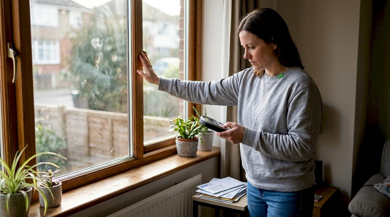 Homeowner checking window insulation in living room