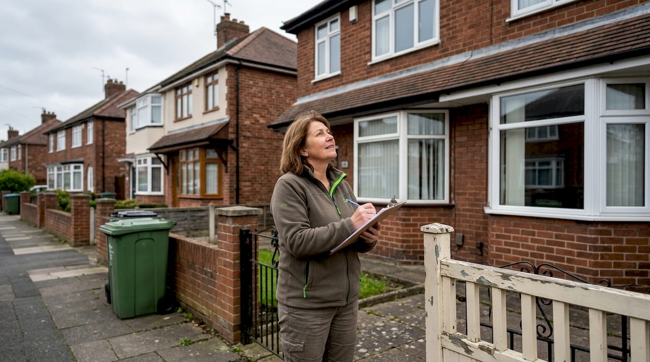 Homeowner examines window frames on UK street