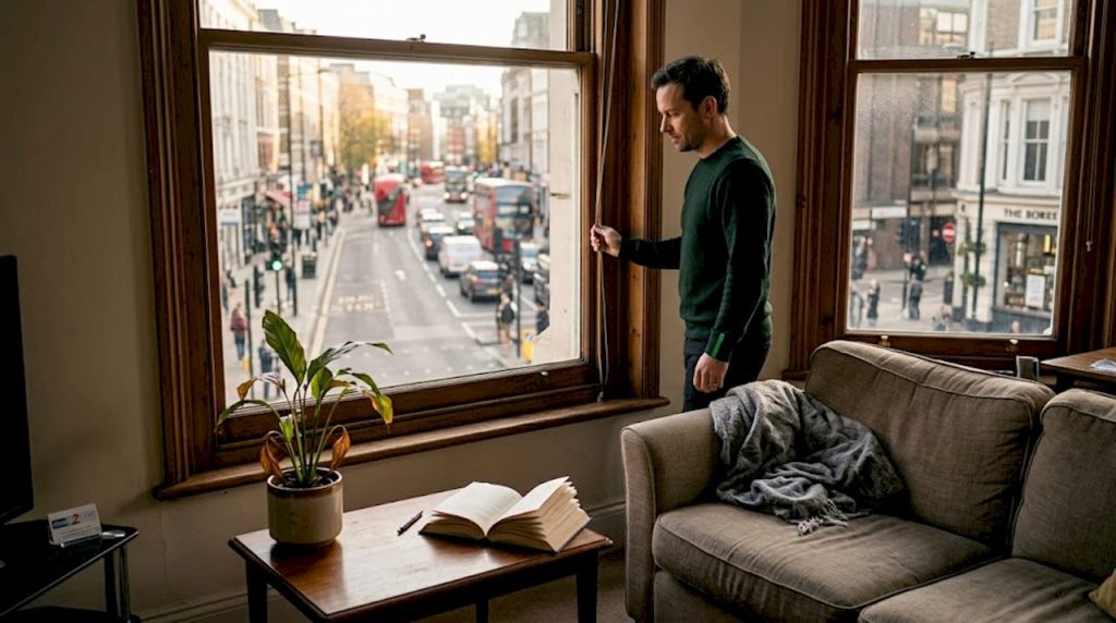 Man closing city apartment window with acoustic glazing