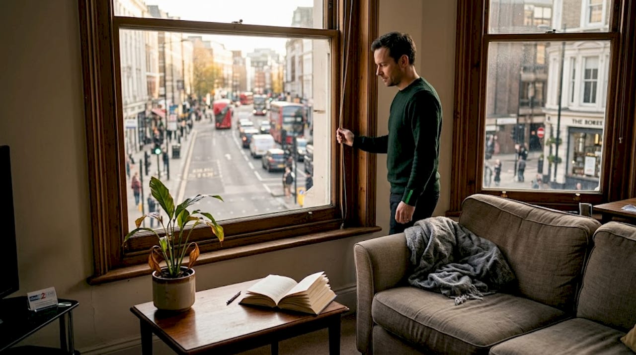 Man closing city apartment window with acoustic glazing
