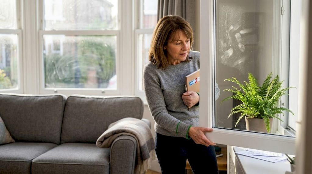 Woman inspecting window frame in living room