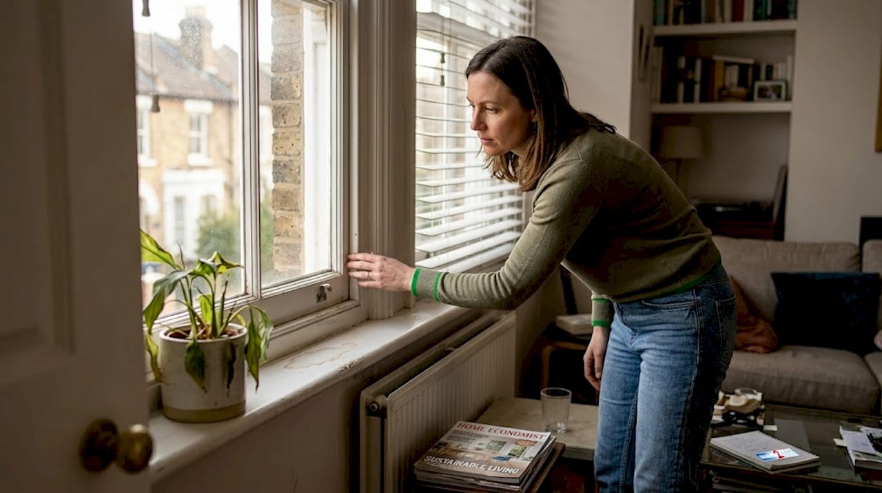 Person checking window for damage in living room