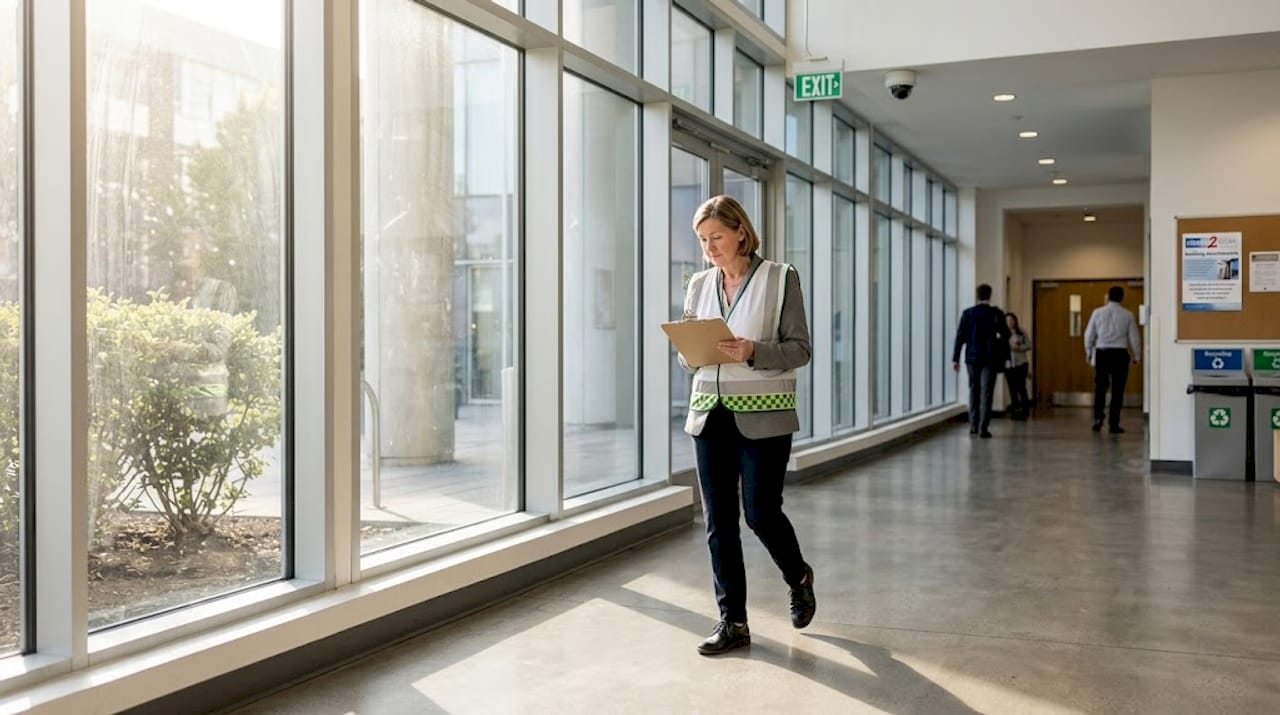 Facility manager inspecting secure business glazing