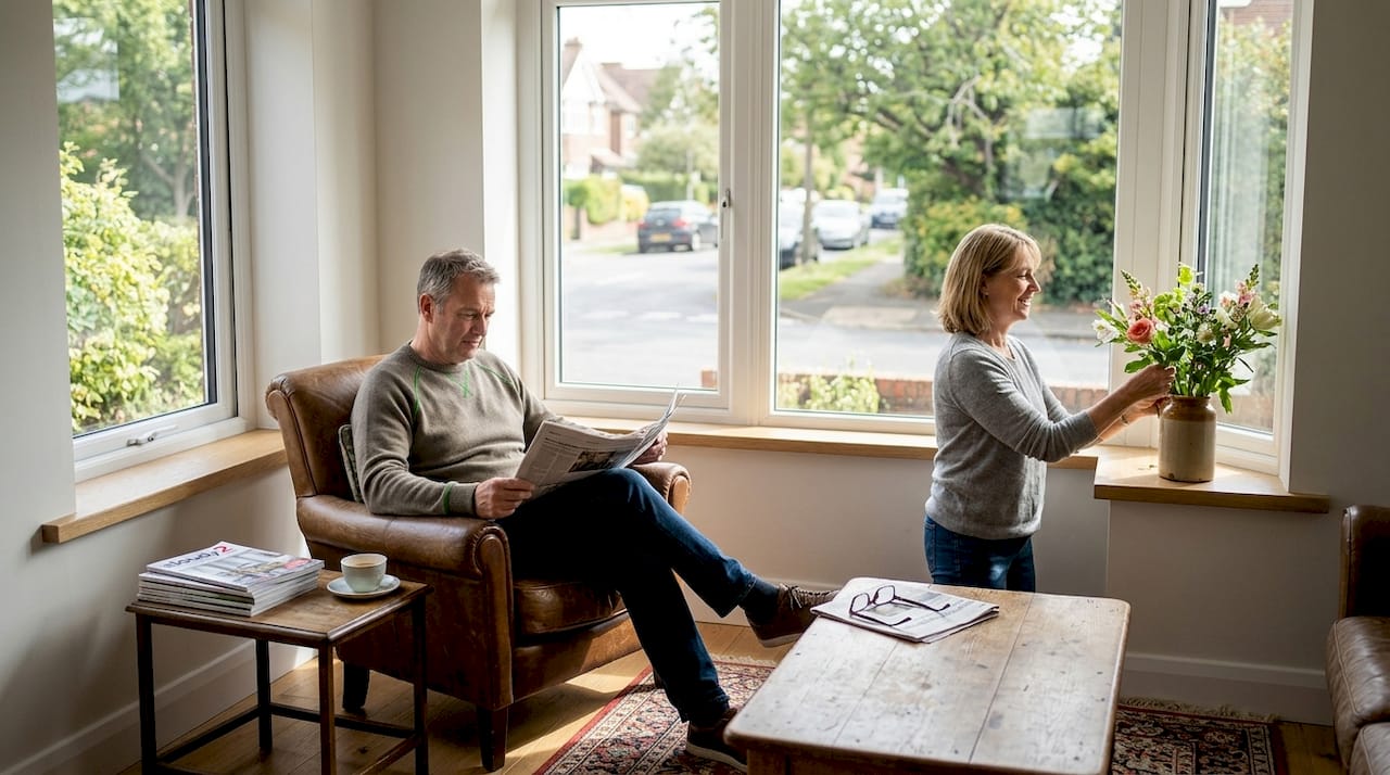 Modern UK living room with large windows