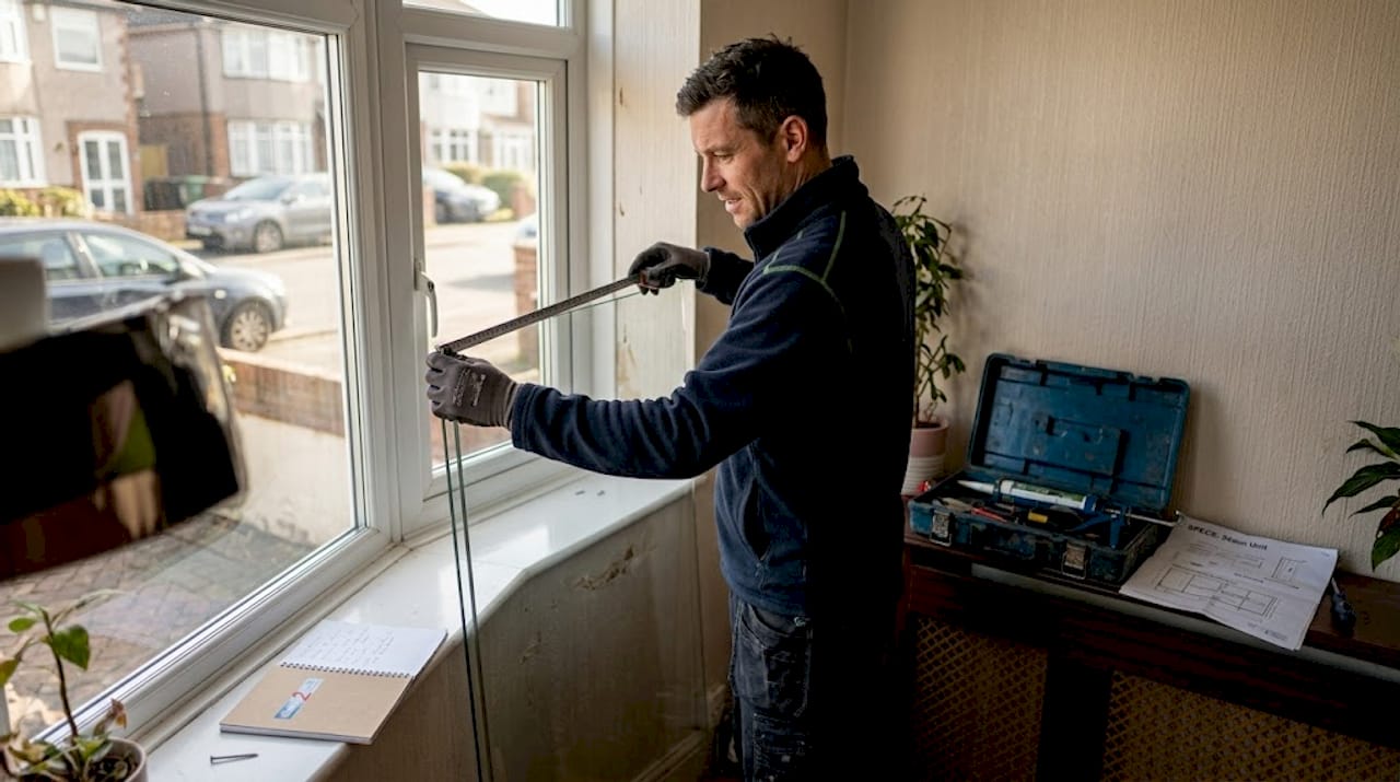 Installer measuring window glass thickness in home