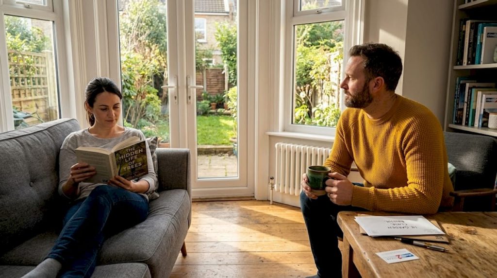 Family in bright living room with modern windows