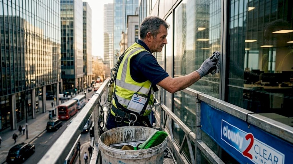 Window cleaner maintains office building exterior