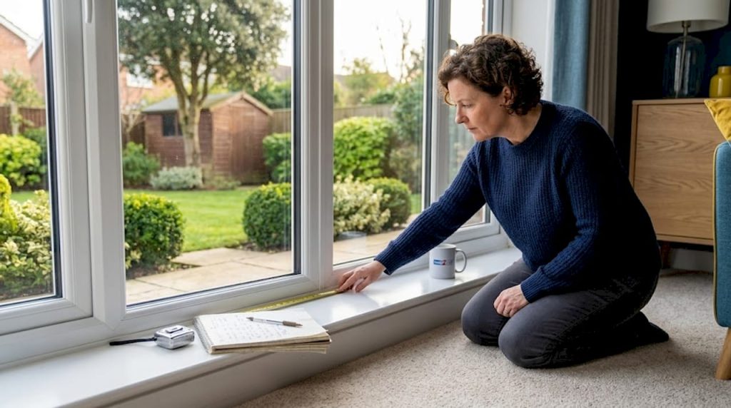 Homeowner examining window frame for efficiency