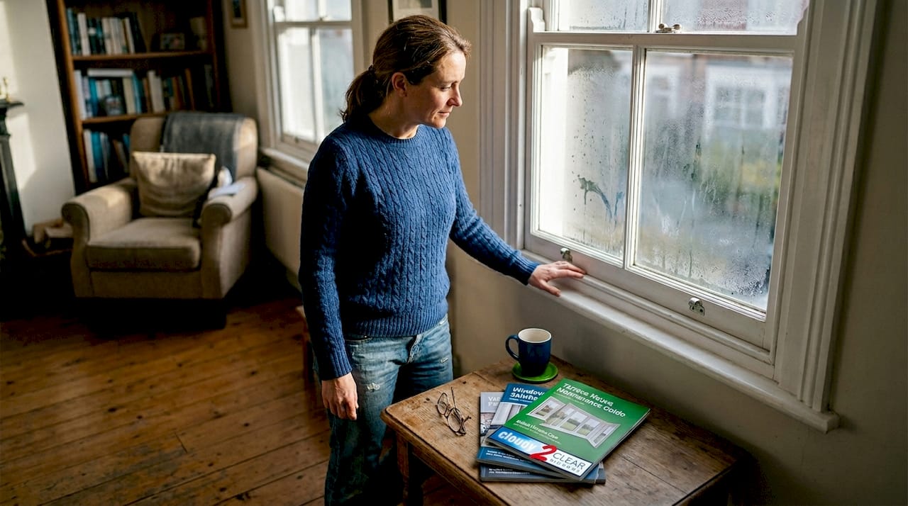 Homeowner assessing windows for efficiency