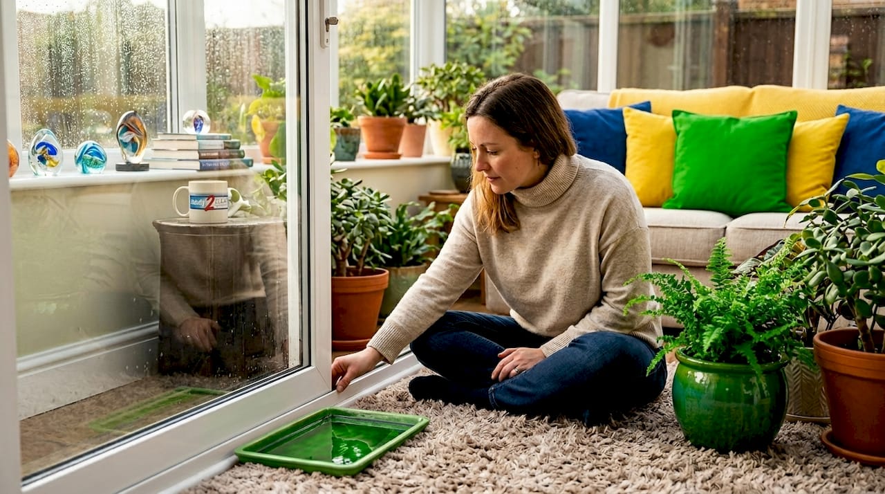 Homeowner inspecting window for leaks