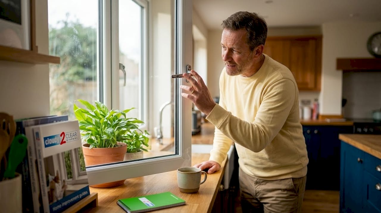 Homeowner checking window for energy efficiency