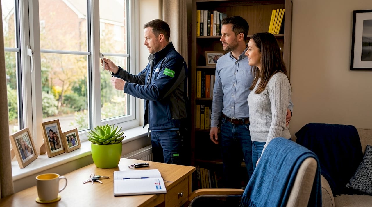 Locksmith inspecting home window security features
