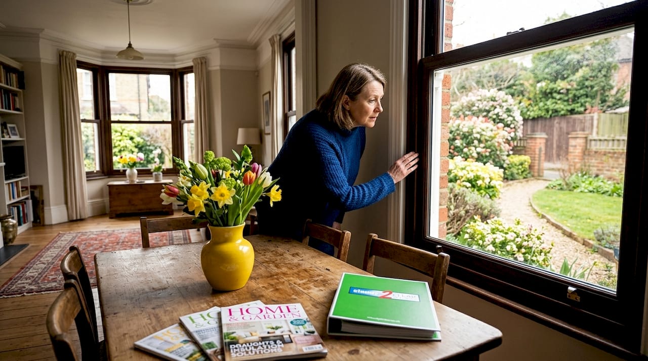 Woman checking window insulation in living room