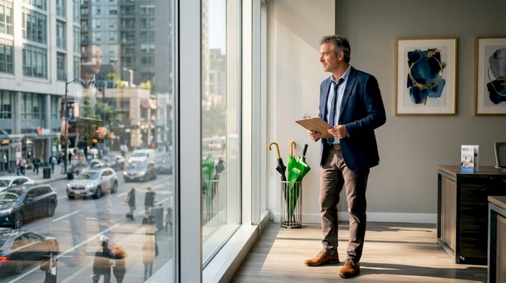 Property manager inspecting commercial windows