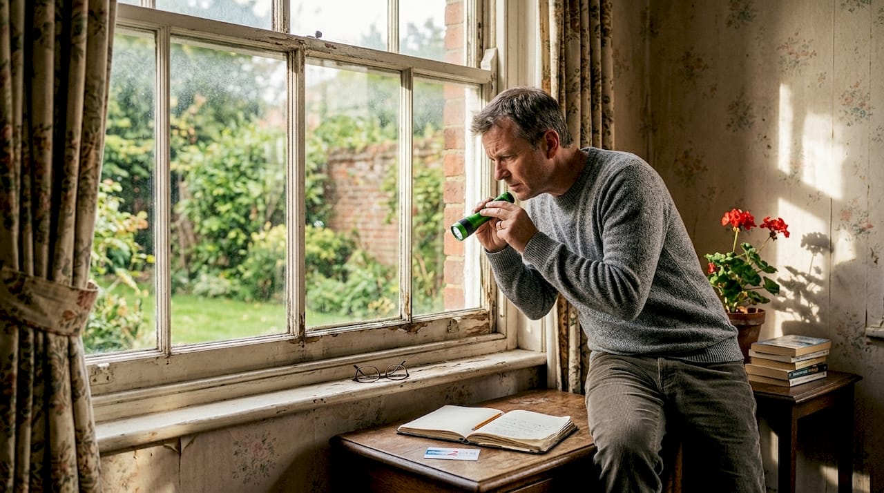 Homeowner inspecting an old window frame