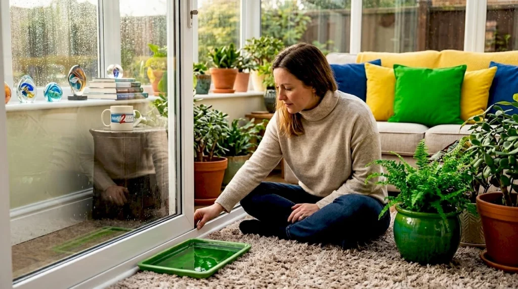 woman sat in front of glass door
