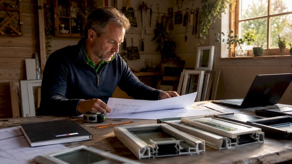 Architect reviewing airtight window design plans