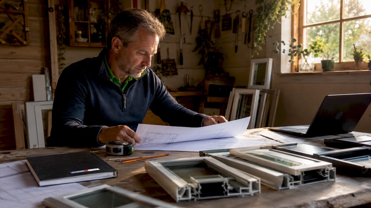 Architect reviewing airtight window design plans