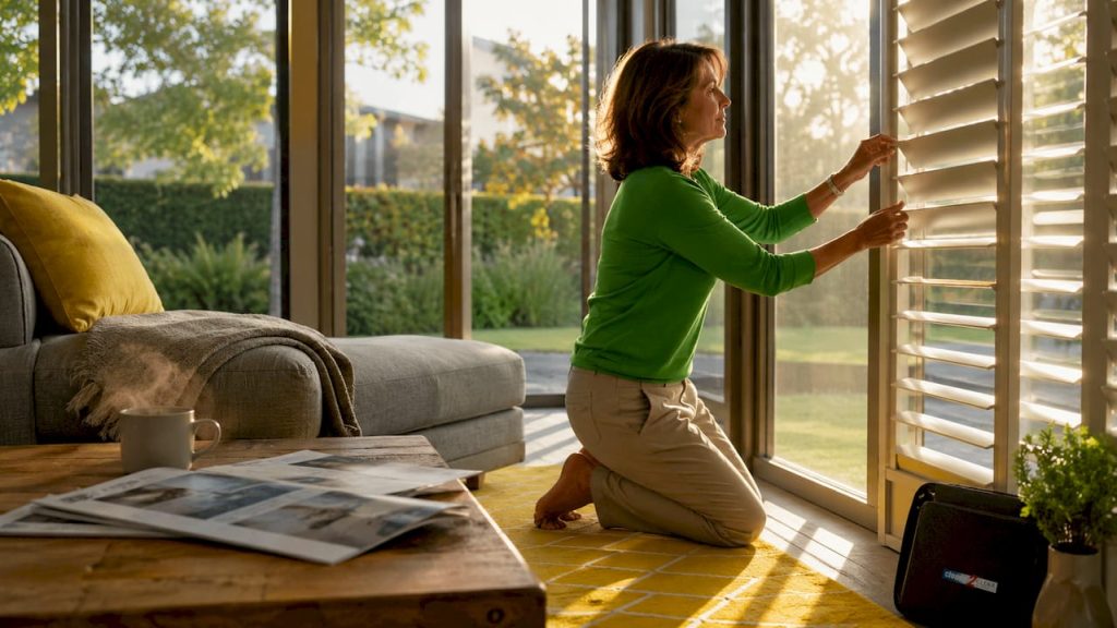 Woman adjusting pleated blinds in living room
