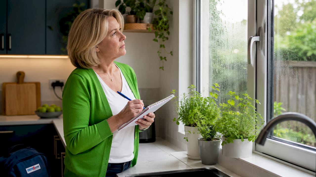 UK homeowner inspecting window wear