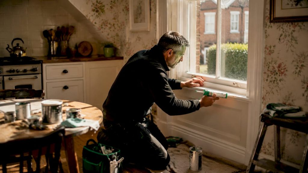 Homeowner sealing window frame in UK house