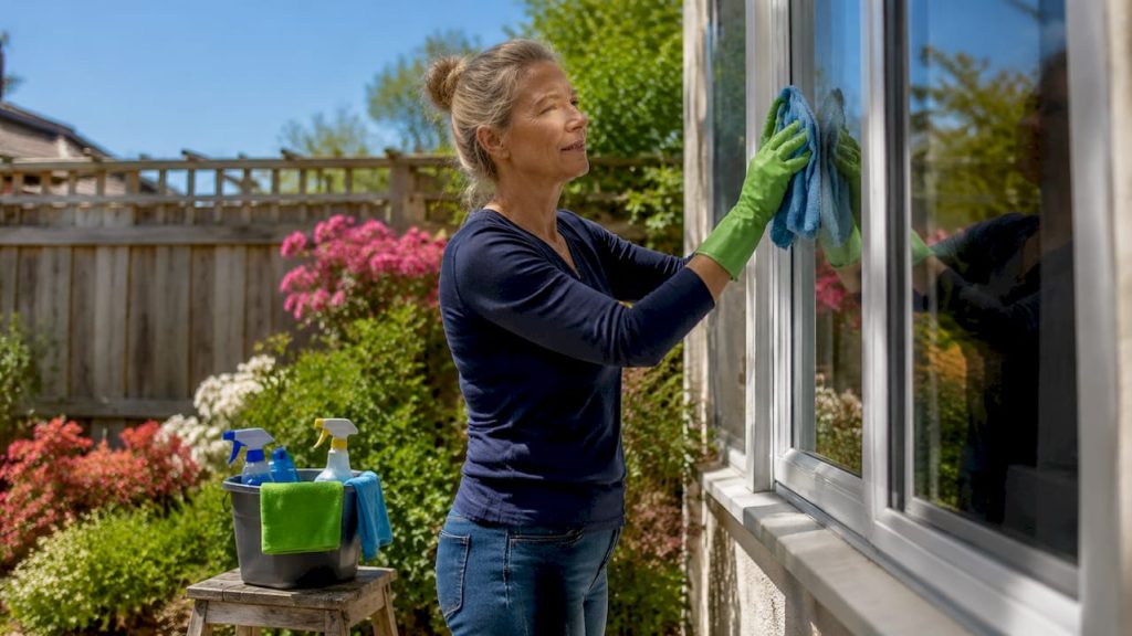Woman wiping window glass on UK home exterior
