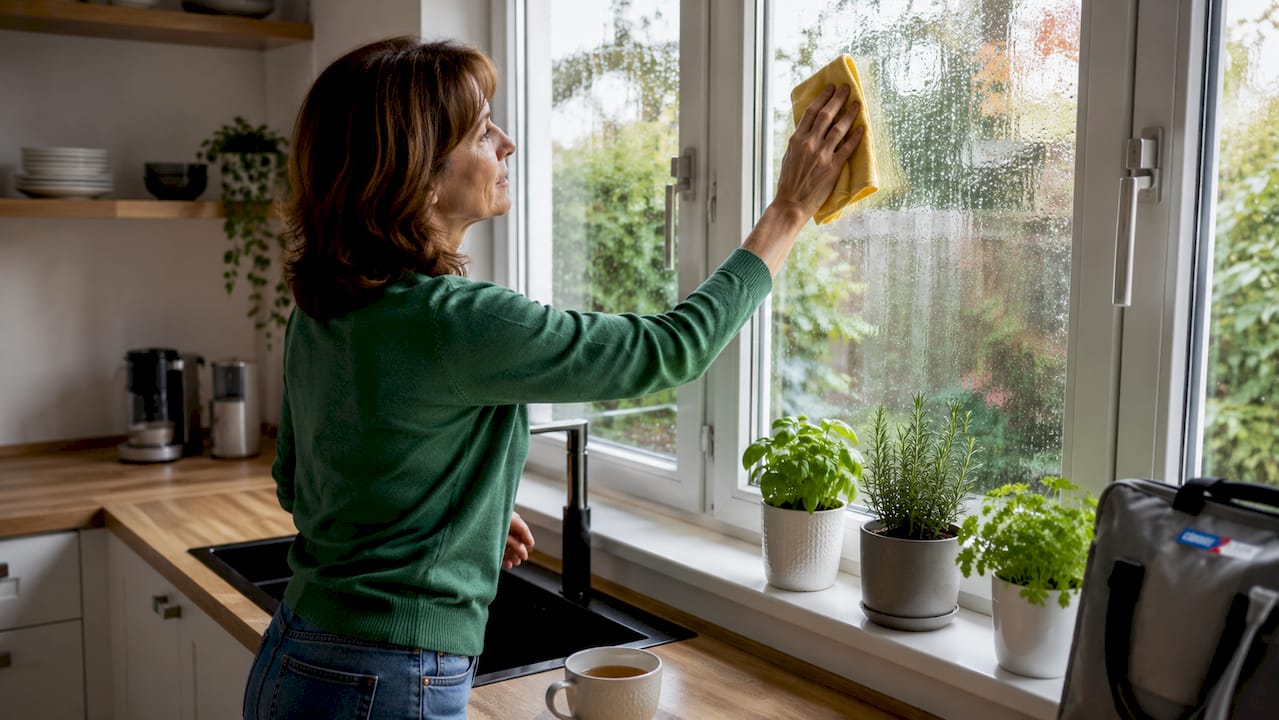 Woman wiping condensation from cloudy window