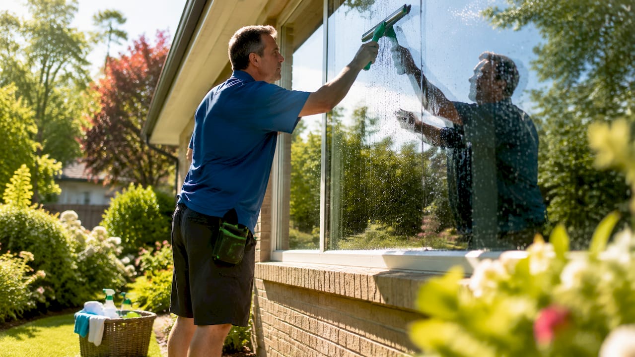 Worker holding window cleaning tools on porch