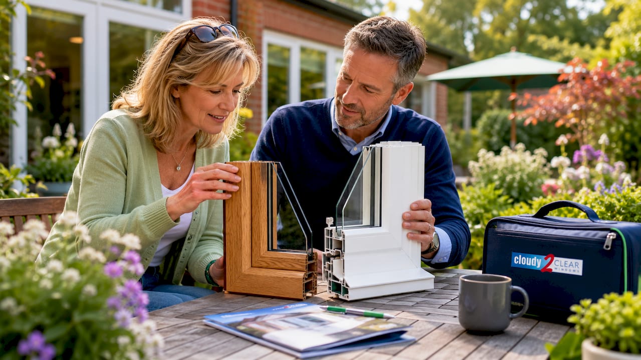 Couple comparing timber and uPVC window frames indoors