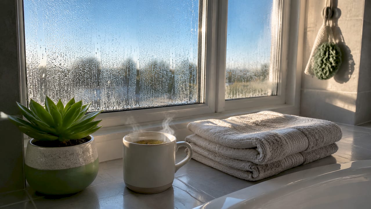 Condensation on kitchen window glass with droplets