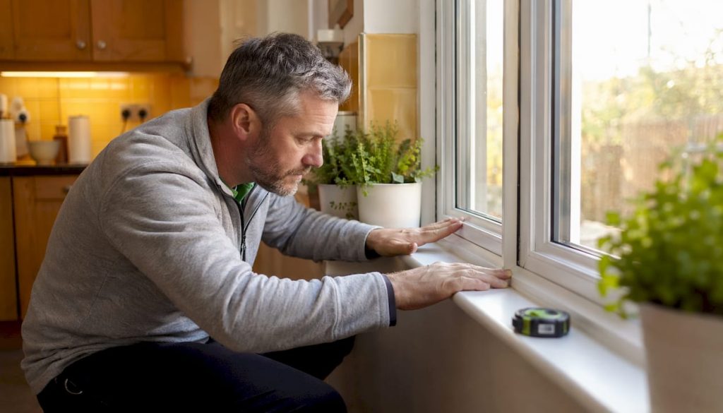 UK homeowner inspecting window insulation