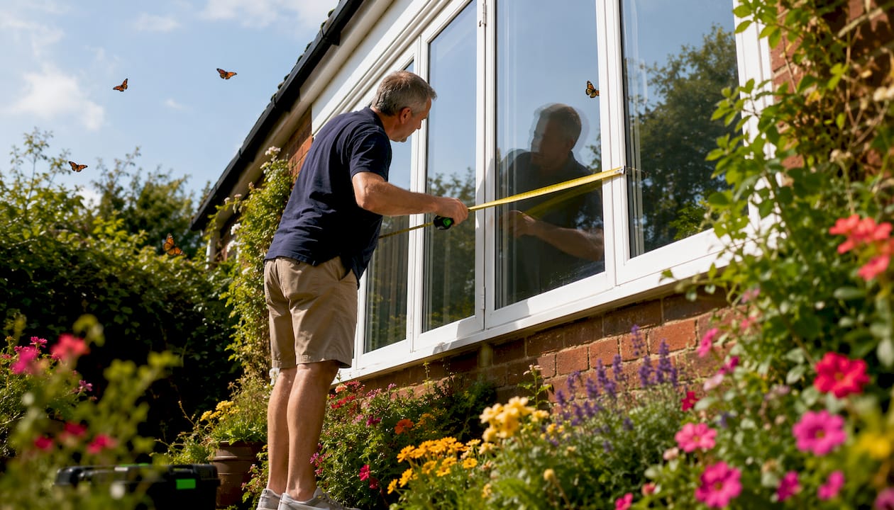 Homeowner measuring window frame width indoors