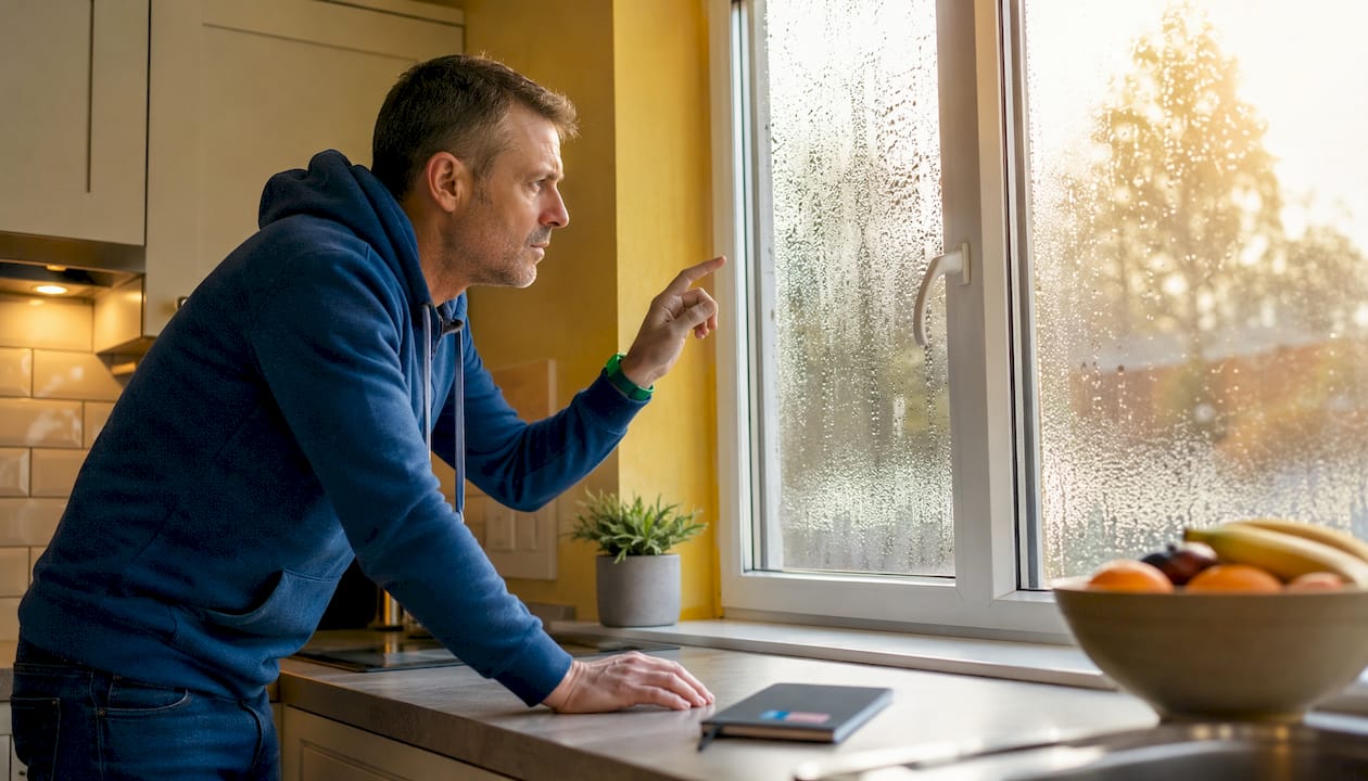 Homeowner inspecting window condensation