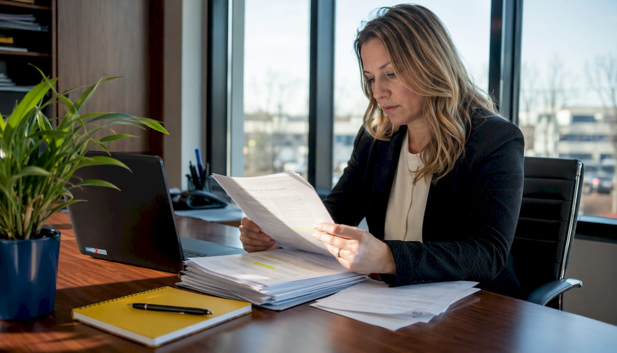 Compliance officer reviewing UK window safety documents overhead