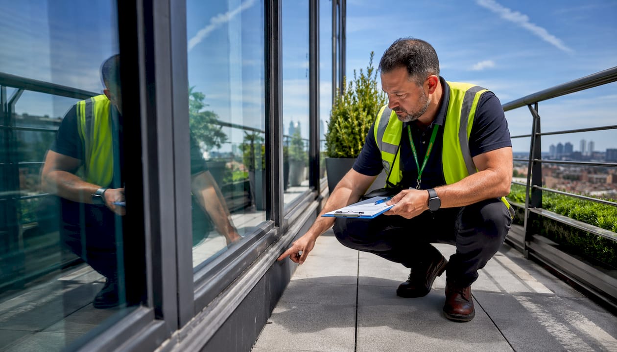 Facilities manager inspecting commercial building windows