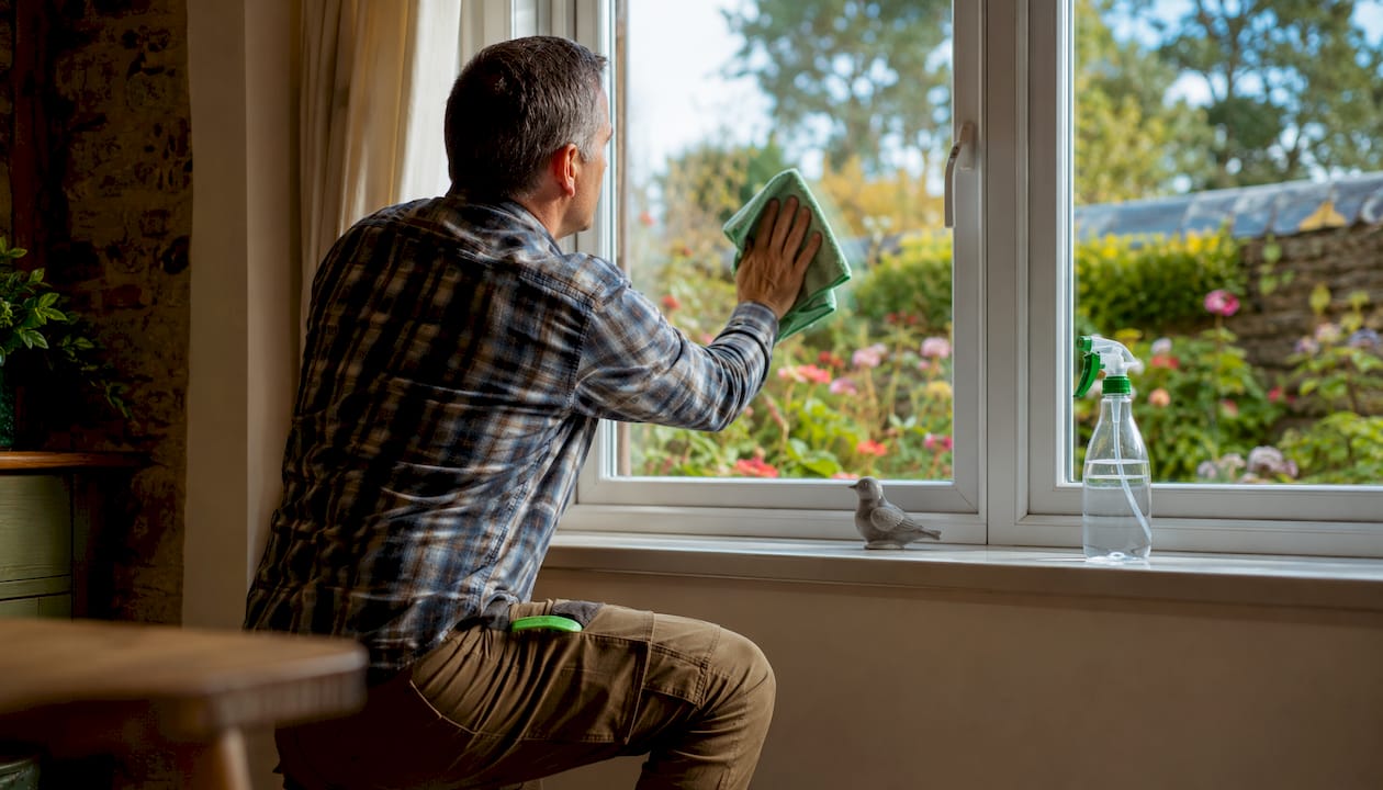 Man cleaning double-glazed window indoors