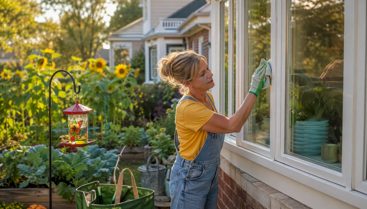 Woman cleaning window frame beside self-cleaning glass windows