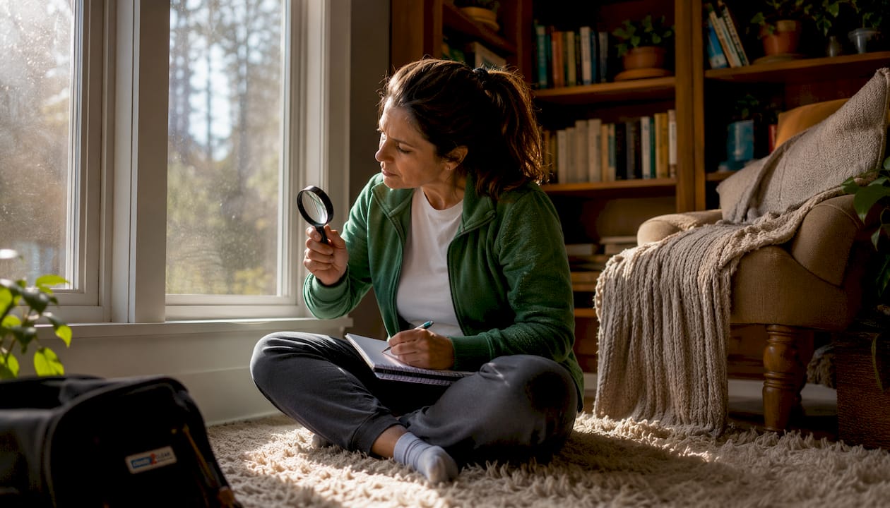 Woman inspecting window seals in living room