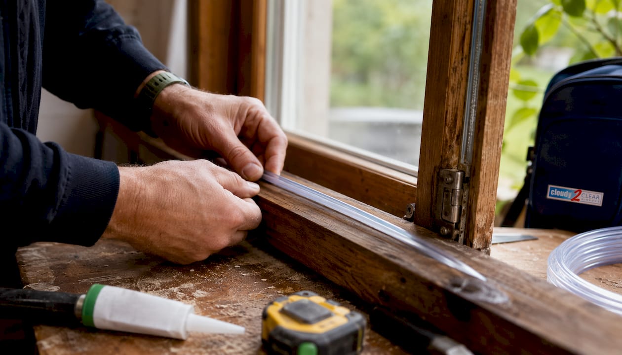 Hands installing draught-proofing seal on window frame