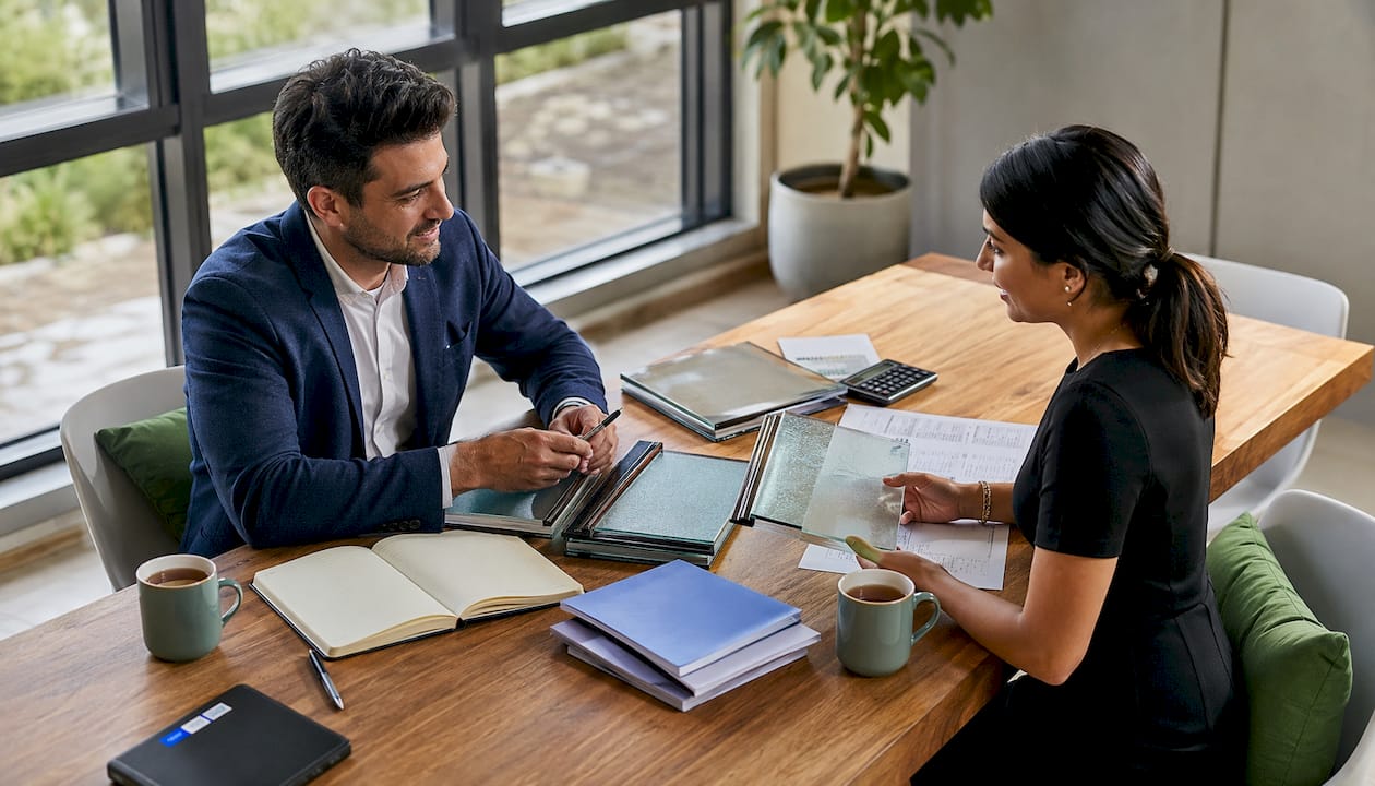 Two colleagues discussing fire-rated glazing trade-offs