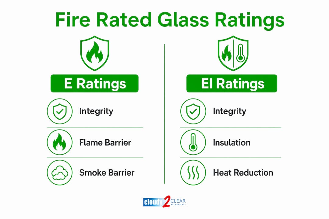 Infographic comparing E and EI fire-rated glass ratings