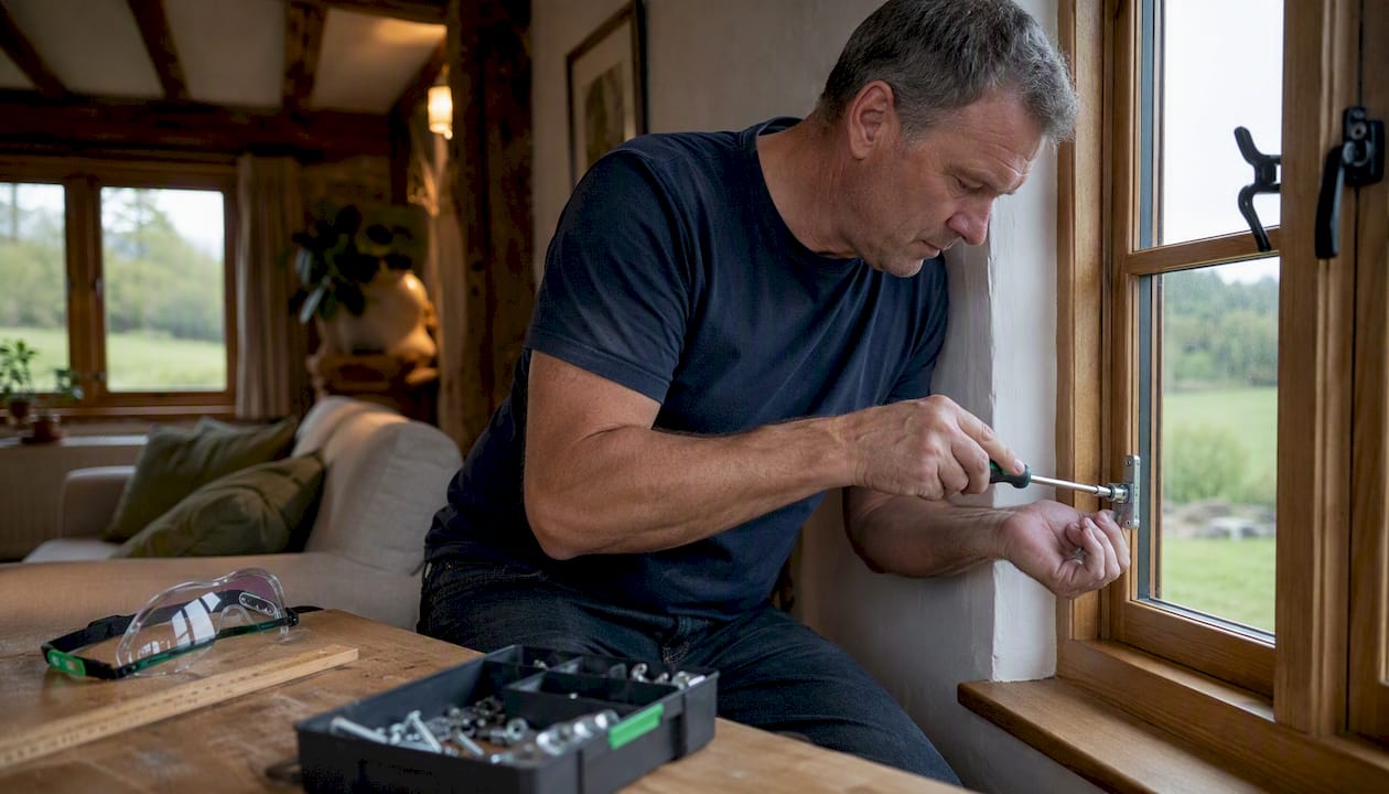 Hands installing window restrictor hardware at home