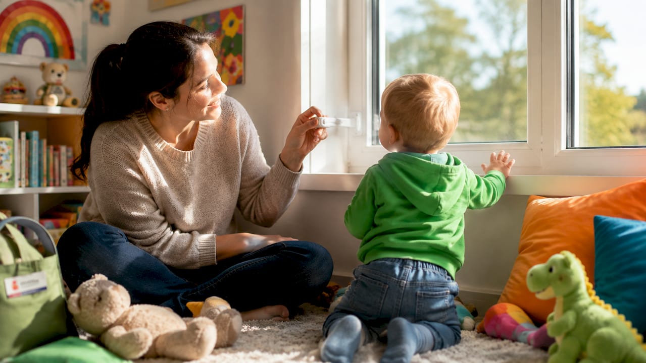 Mother showing child-safe window restrictor to toddler