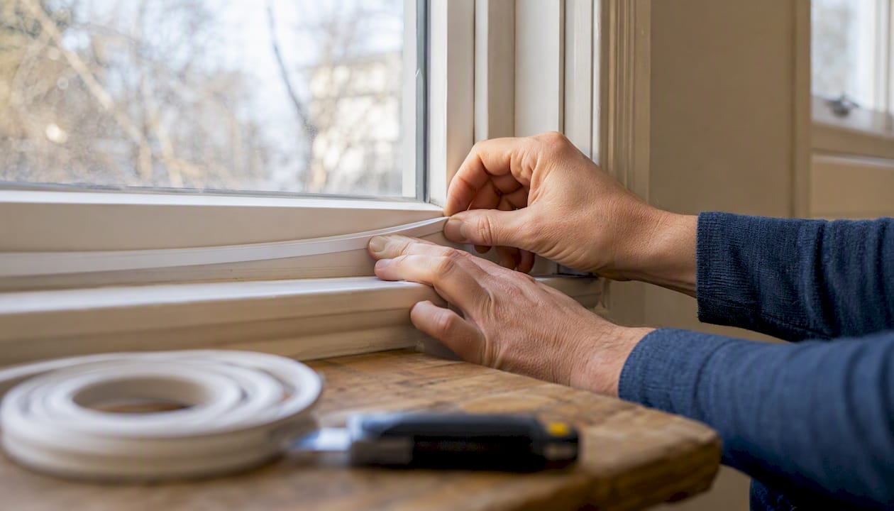 Hands applying draught-proofing strip on window frame