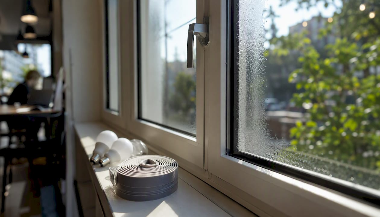 Office window edge with energy-saving items
