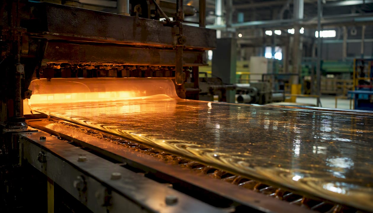 Molten glass floating on molten tin in factory