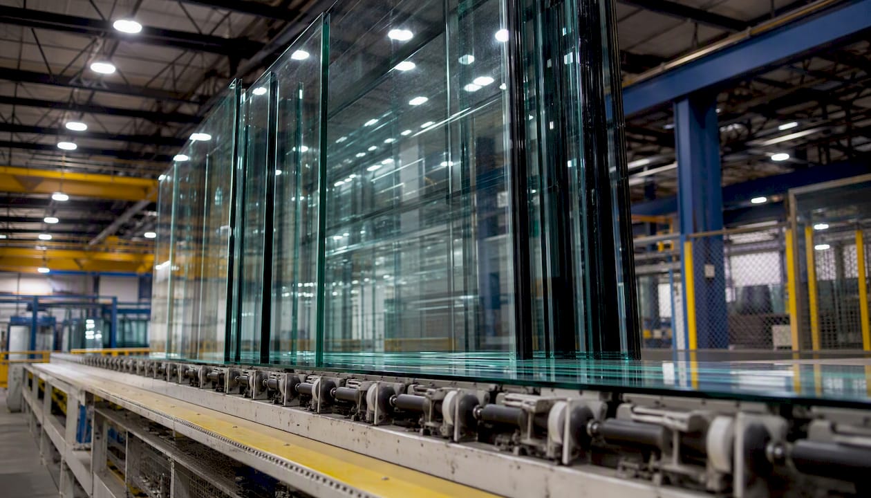 Stacked large float glass sheets in factory