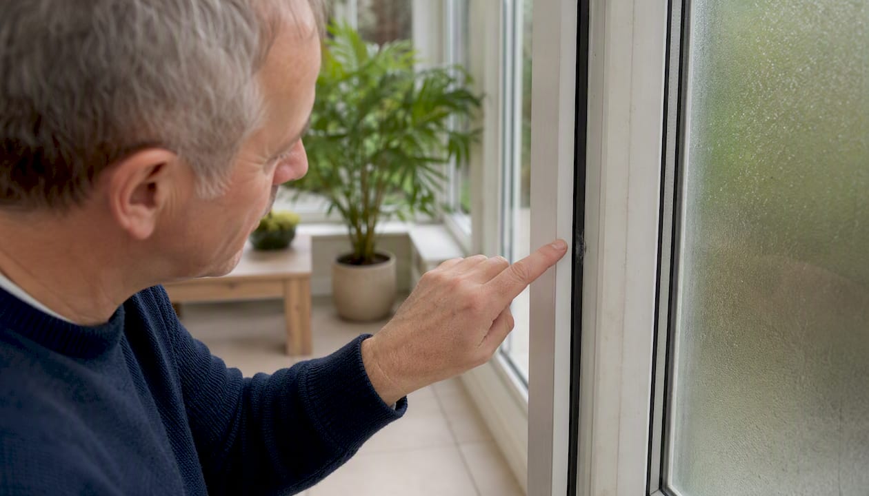 Hand pointing at window frame energy rating mark