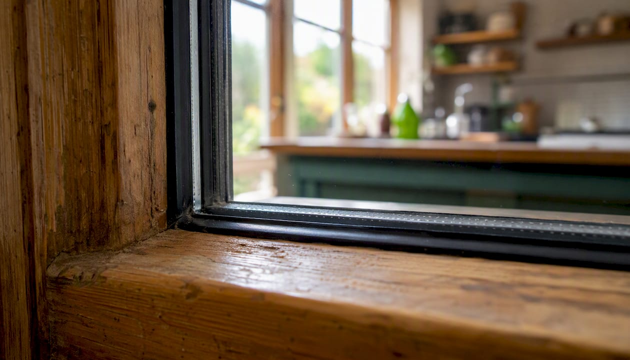 Close-up of sealed window gasket under compression